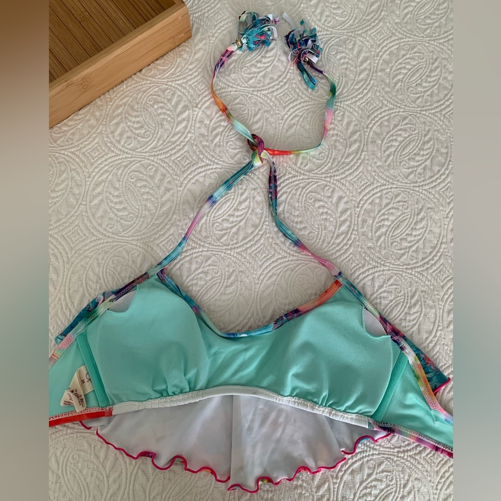 OP Halter Bikini Top Juniors Size M (7-9) Ruffled Removable Pads Tassel Tie - Picture 7 of 14